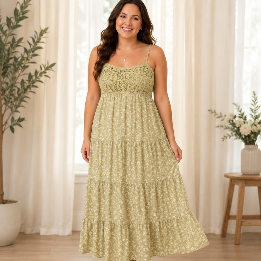 No Boundaries XXL 20 Maxi Sundress Green Floral Crochet Smocked Boho Cottagecore